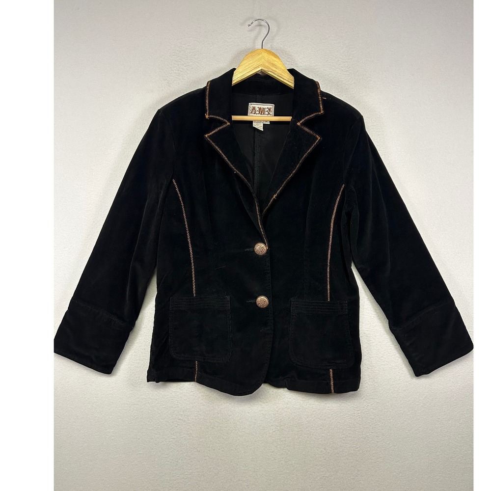 Western Boho A.M.S.‎ Womens Size M Black Corduroy Contrast Stitch Blazer Jacket